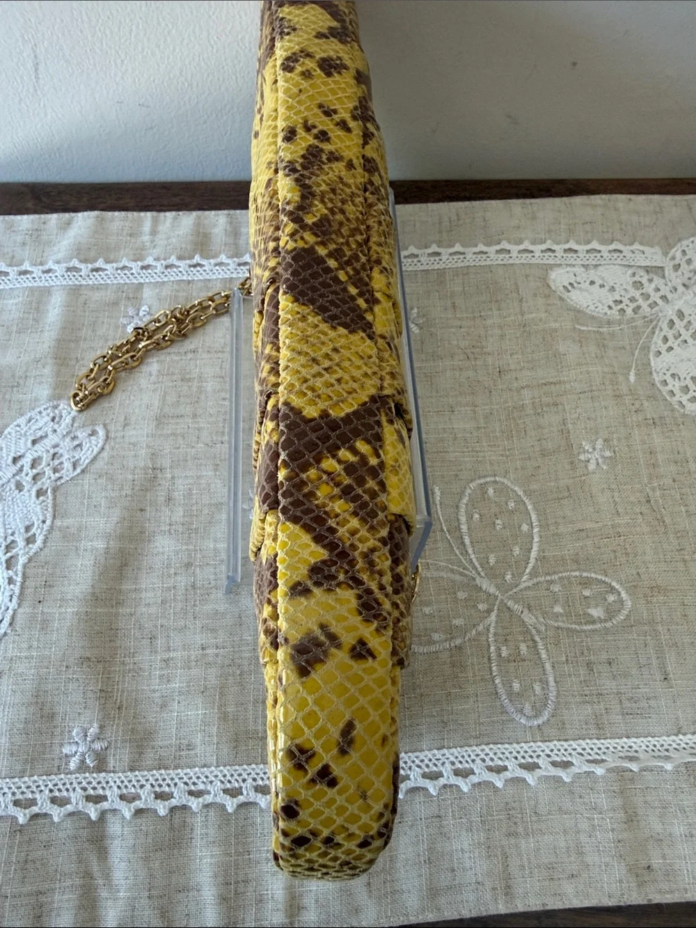 Antonio Melani Yellow/Brown Snakeskin Embossed Pleated Clutch/Shoulder Bag